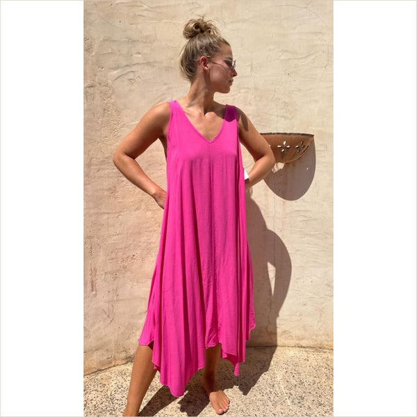 Maxi Träger Kleid uni pink - Bekleidung & Accessoires